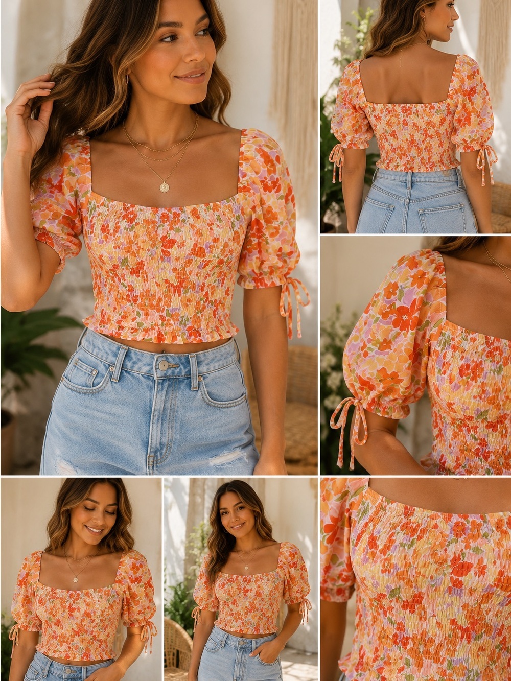 Promesa Orange Multi Floral Smocked Puff Sleeve Crop Top